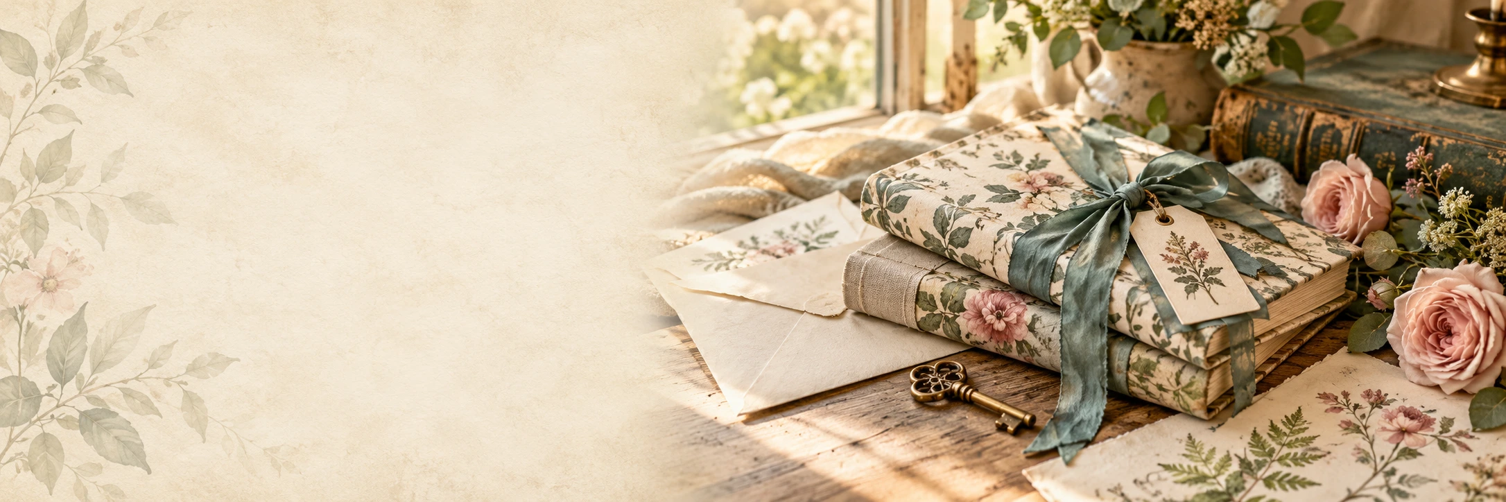 Floral handmade journals tied with sage ribbon, a keepsake tag, and an antique key.