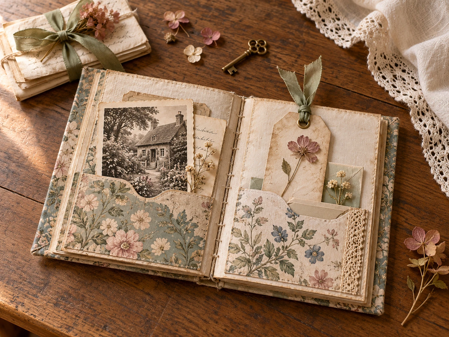 A handmade journal holding a cottage photograph, notes, and a pressed-flower tag.