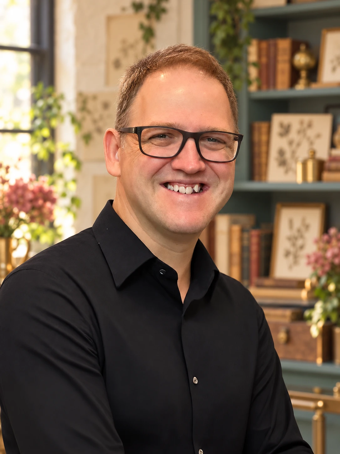 Mikey smiling in glasses and a black shirt.