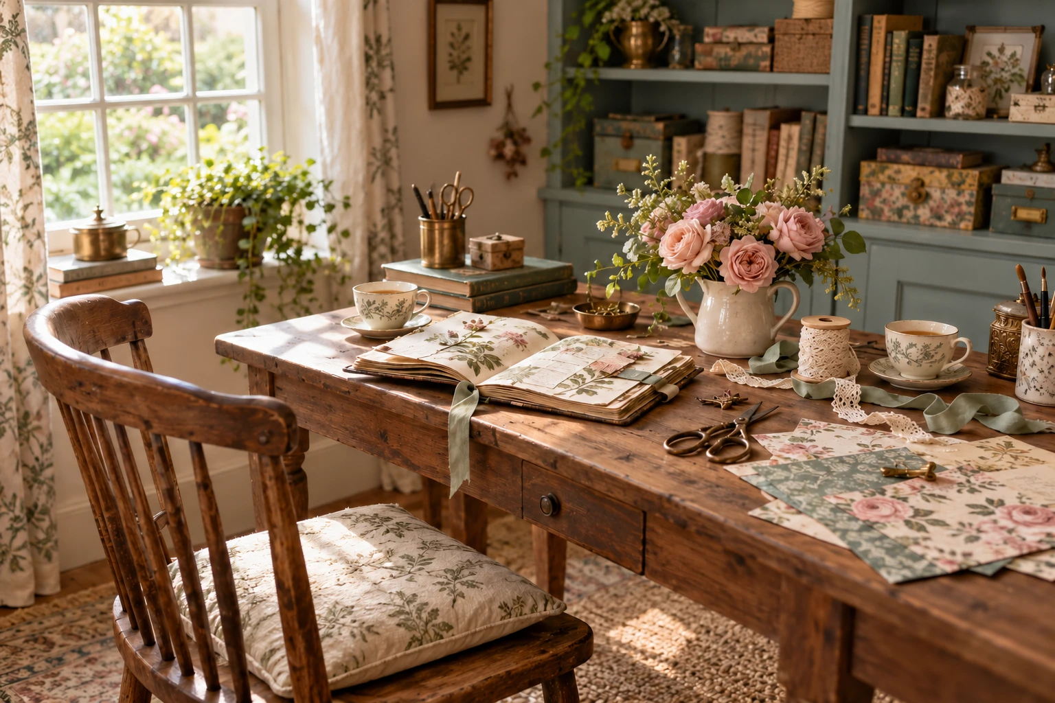 An inviting chair at a sunlit craft table with a journal, floral papers, and tea.