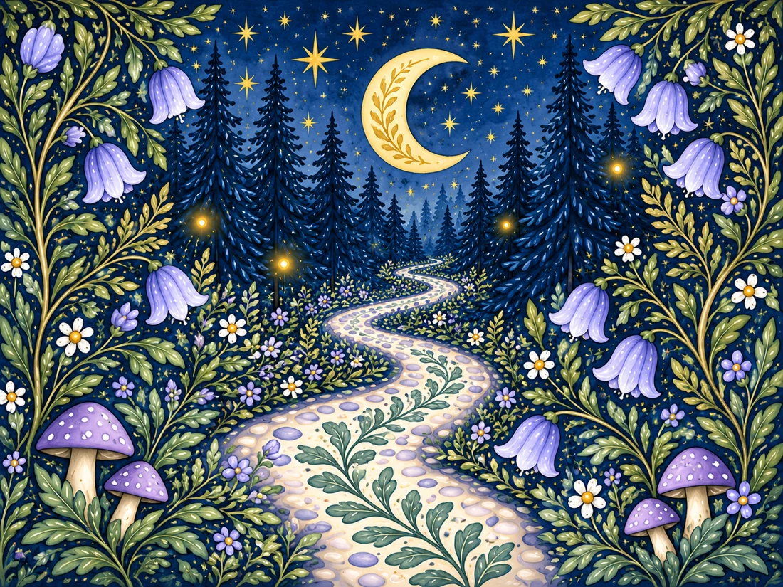 The woodland path interpreted in blue and gold folk art