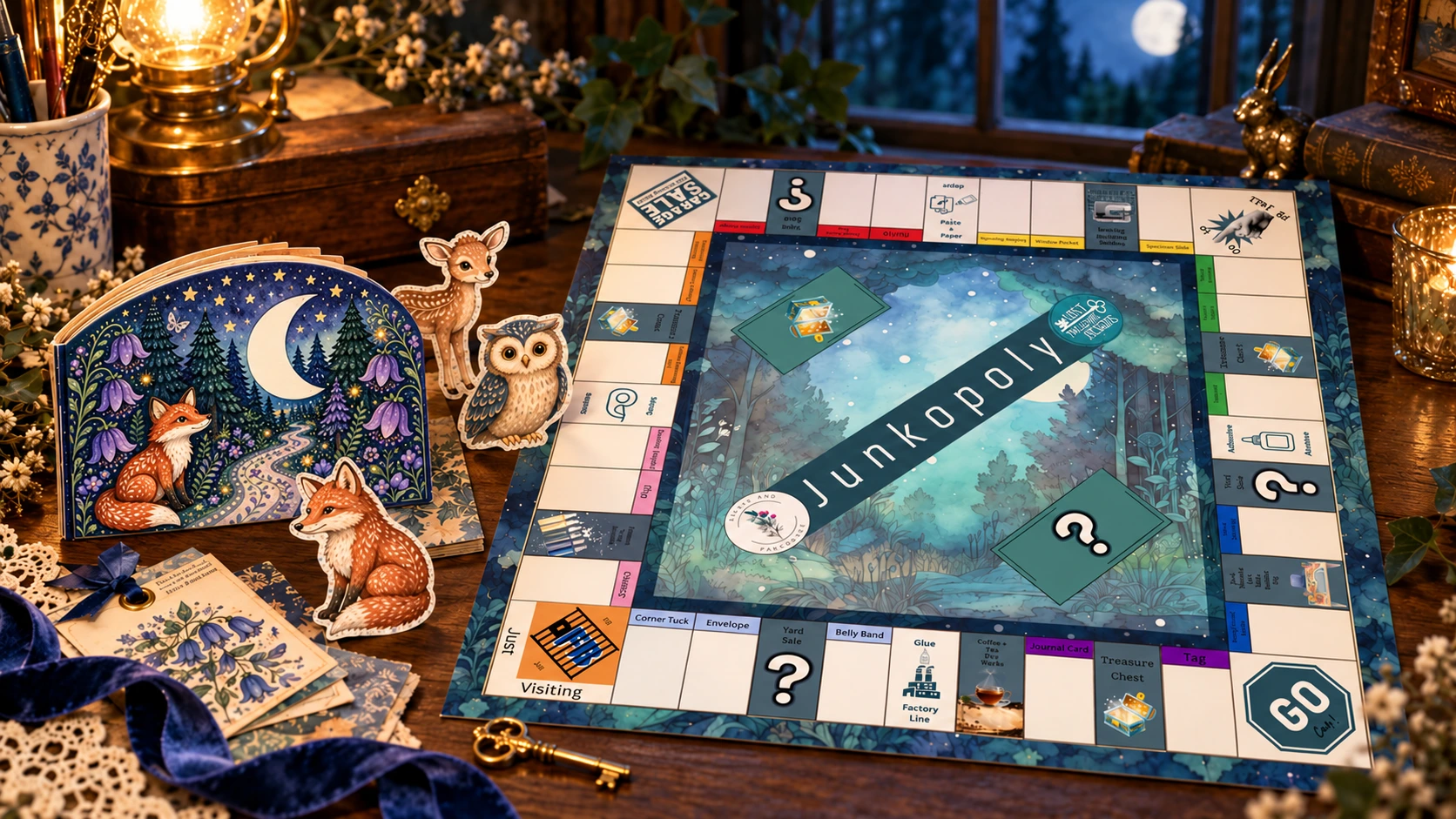 Moonlit Woods journals and woodland friends beside the Junkopoly board on a lantern-lit worktable