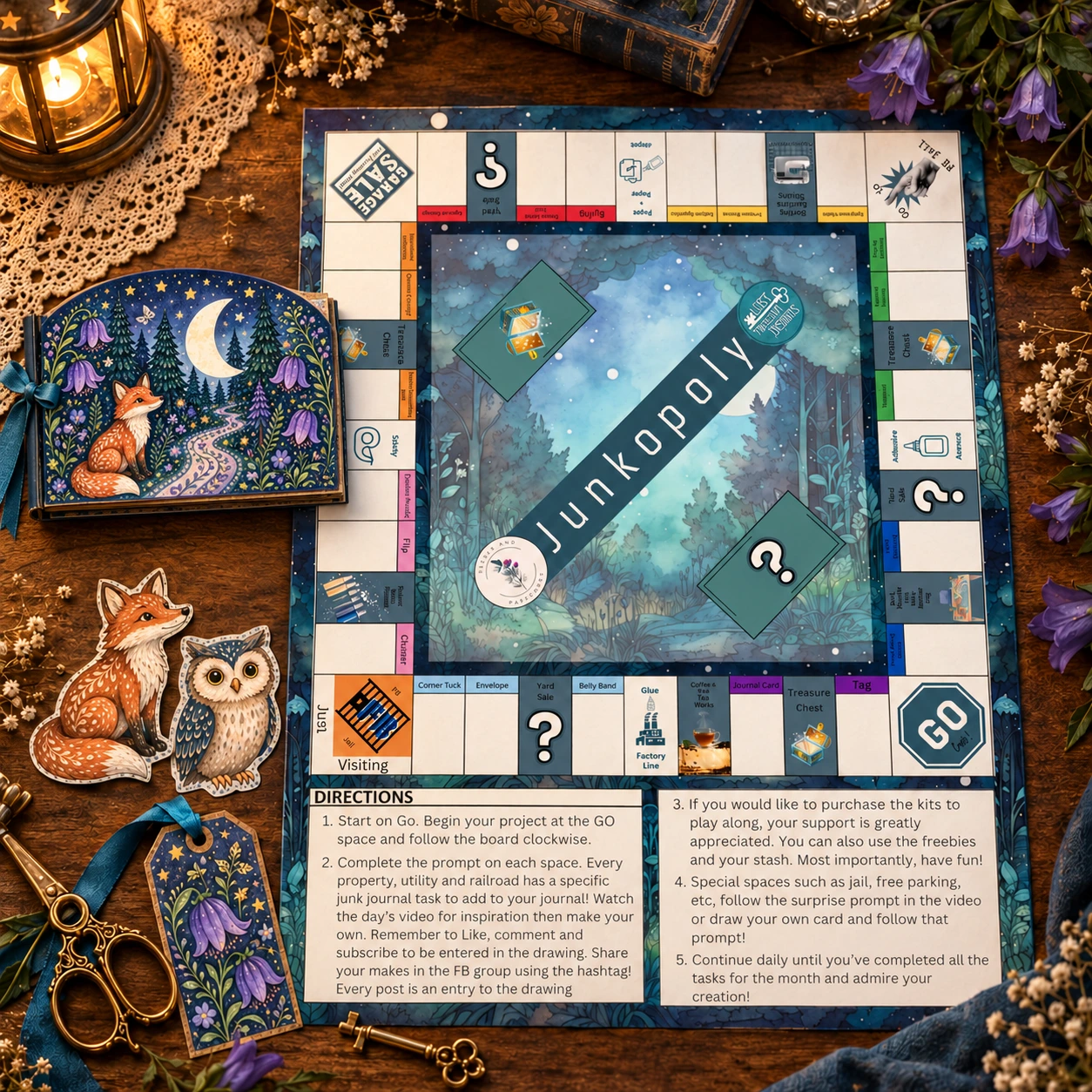 A styled Junkopoly board with a Moonlit Woods journal, woodland cutouts, and paper treasures