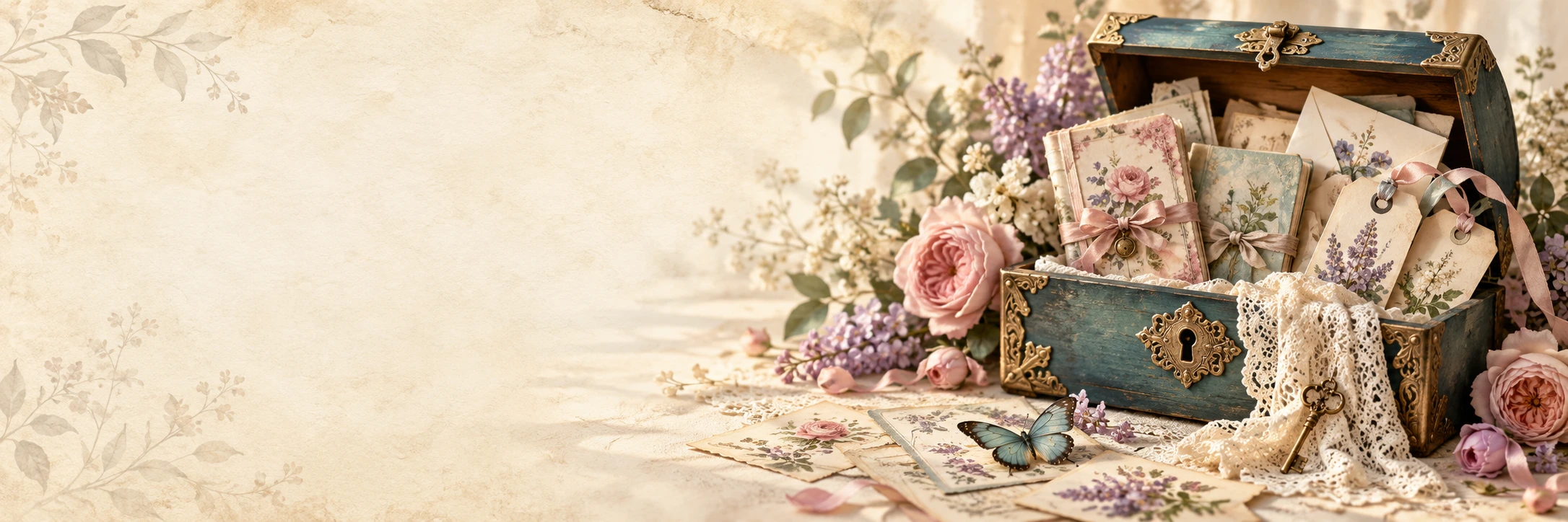 An antique teal chest filled with floral journals, gift tags, lace, and paper keepsakes, surrounded by roses and lilacs.