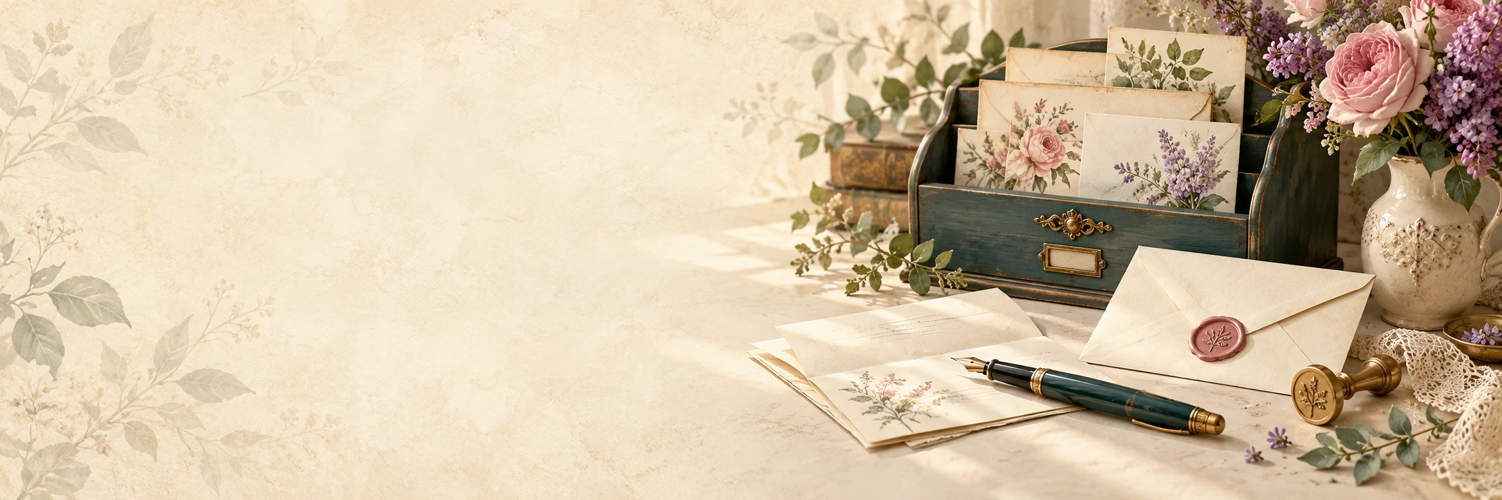 Vintage letter-writing corner with floral stationery, a teal fountain pen, a sealed envelope, and roses.