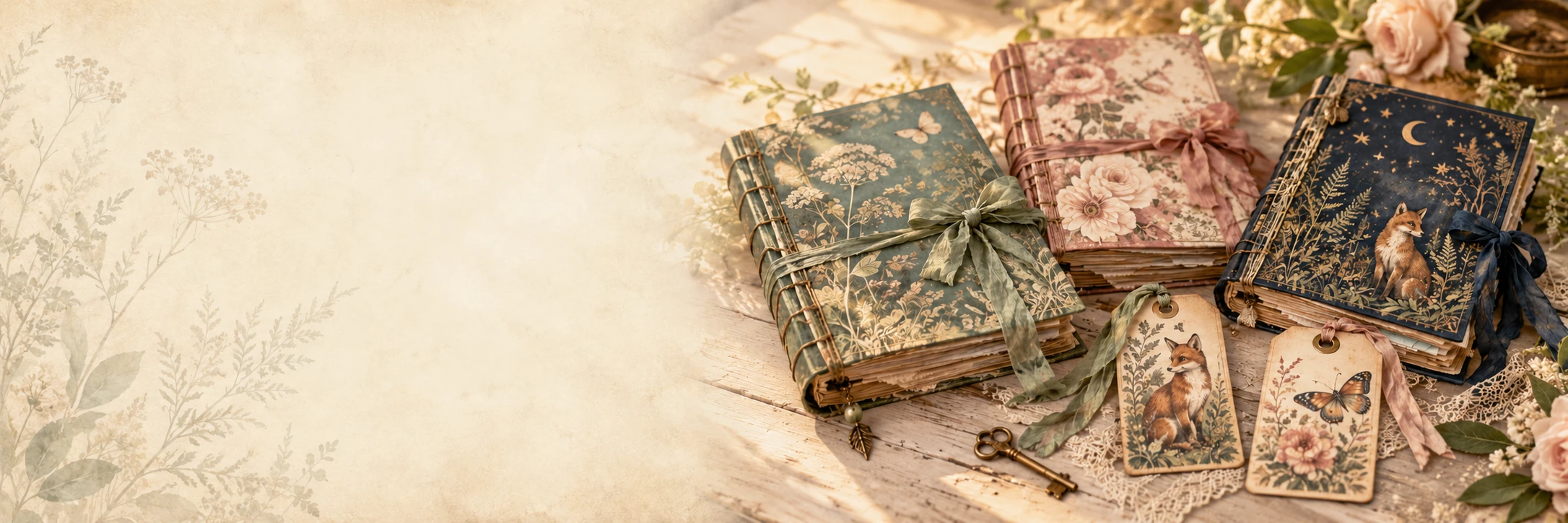 Handmade botanical and woodland journals with ribbons and coordinating tags.