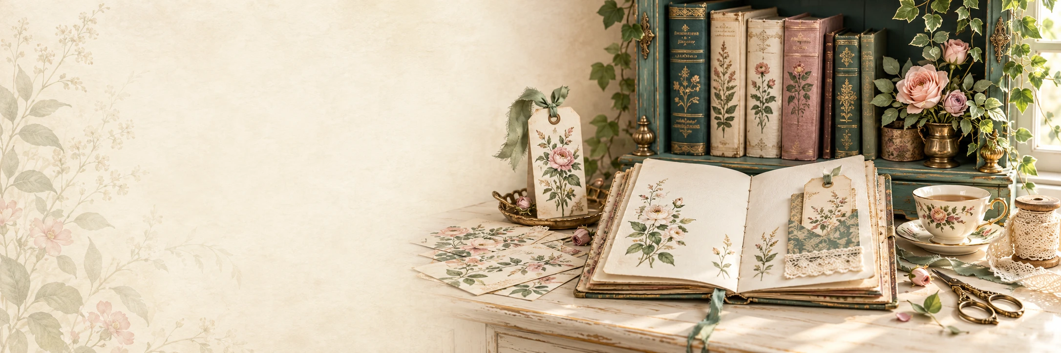 Vintage botanical books, an open floral journal, handmade tags, and a teacup in a cozy library corner.