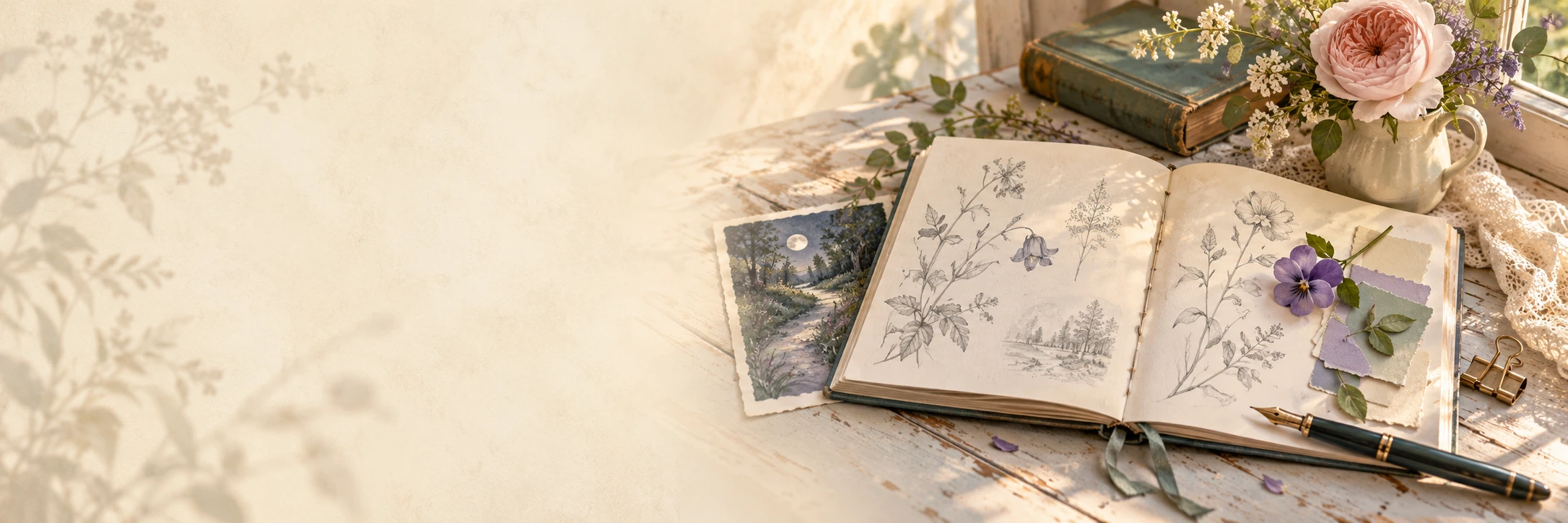 Open sketchbook with botanical drawings, a moonlit path study, flowers, and lavender and sage paper swatches.