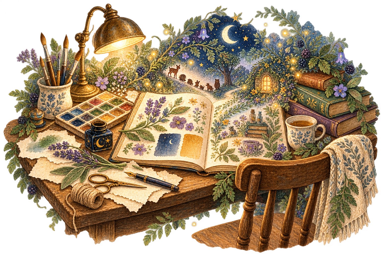 An open botanical sketchbook, paints and tea beside a glowing woodland scene at the worktable.