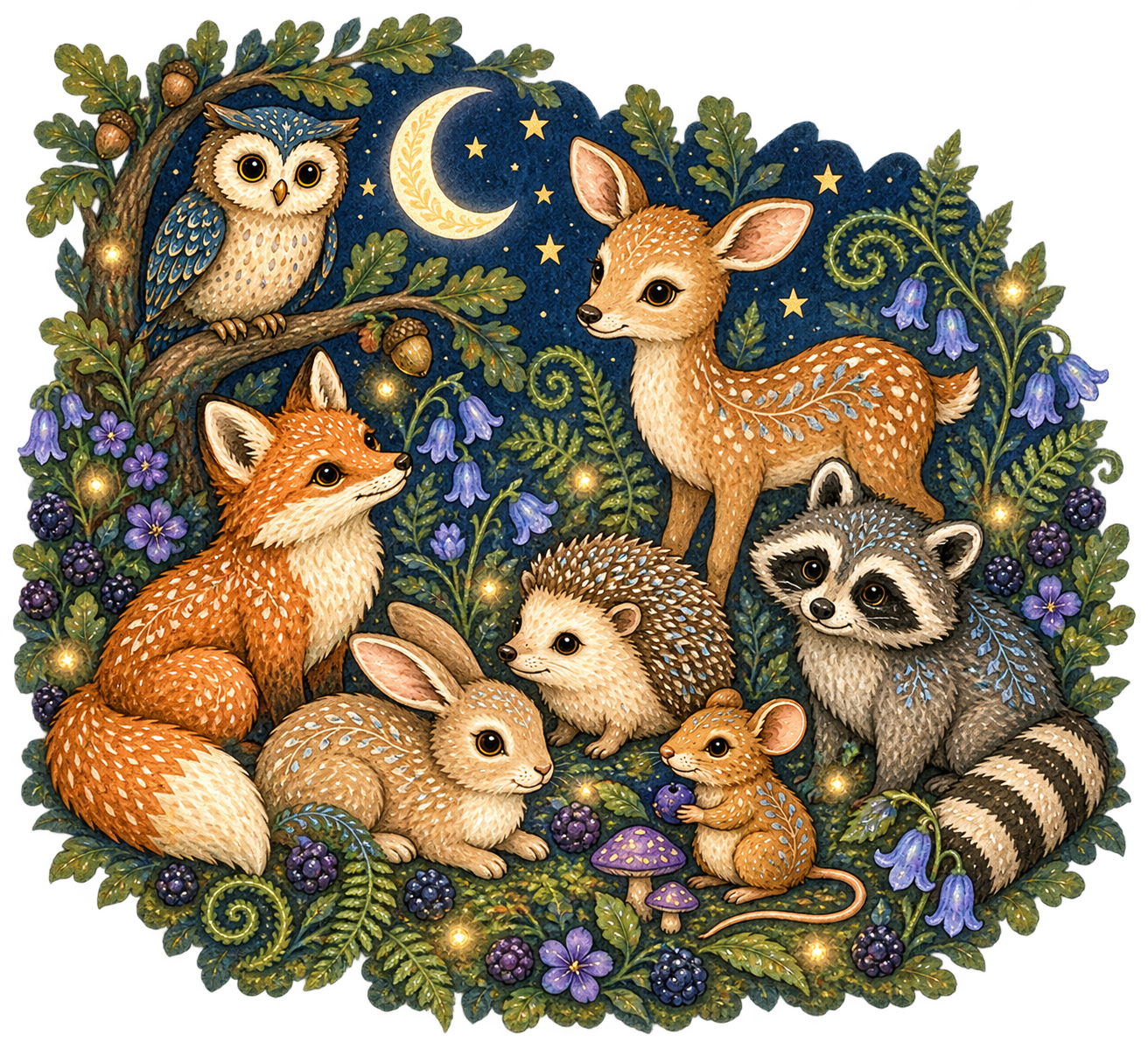 Seven woodland friends gathered beneath a golden crescent moon, among bellflowers and leaves.