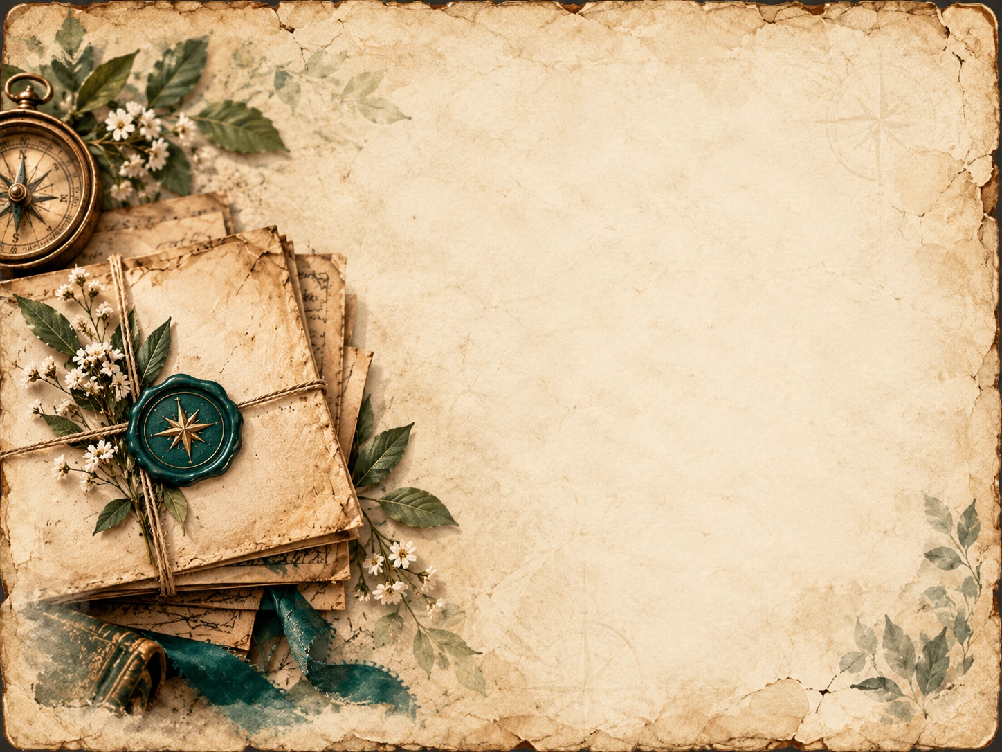A paper gift tied with twine and a teal seal, with botanical sprigs and the Studio compass.