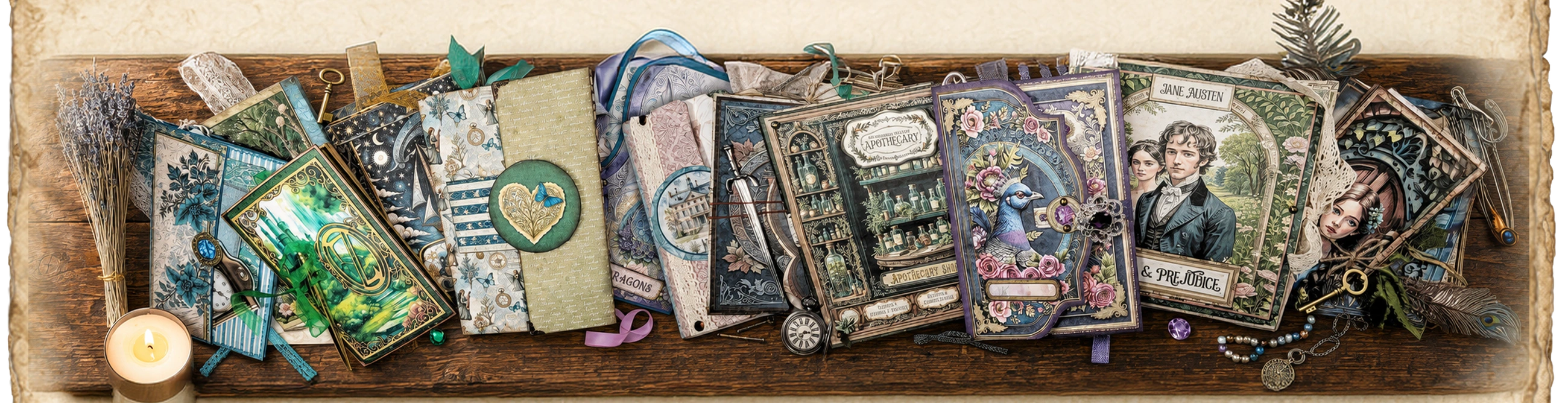 A tabletop collection of finished Lost Treasure Designs journals and folios.