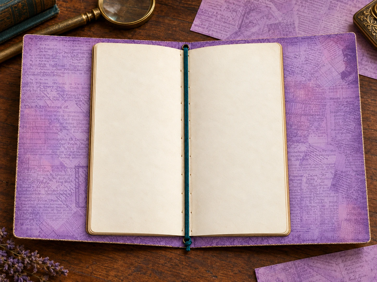 Open lavender designer-paper cover holding a cream notebook beneath vertical teal elastic.