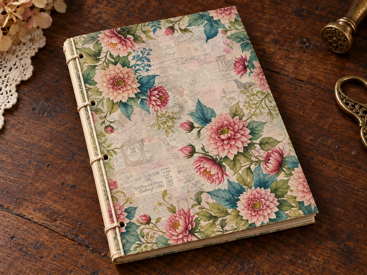 Dahlia designer-paper journal with four binding holes and thread wrapped around its left edge.
