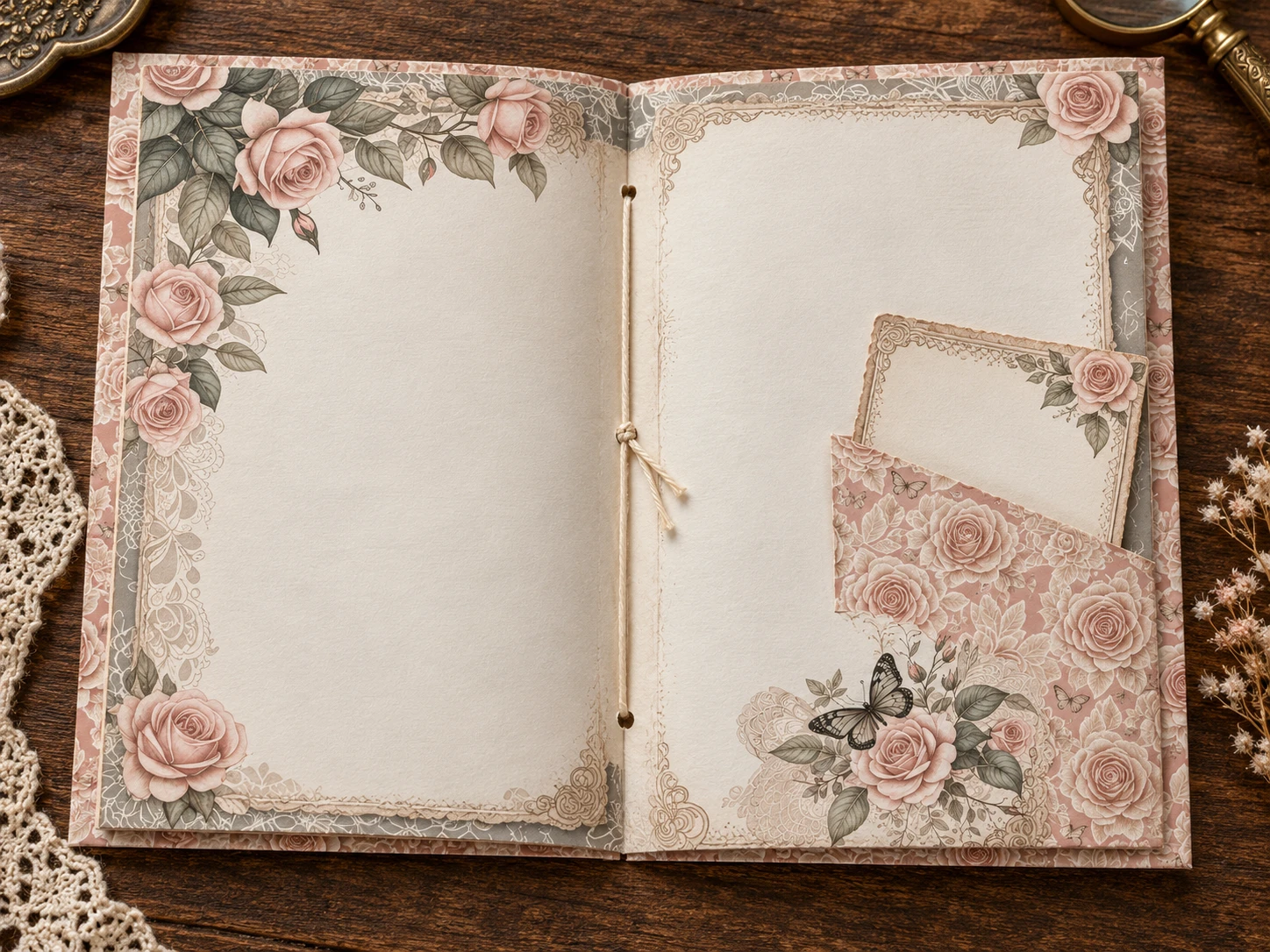 Open rose-and-lace pamphlet journal with a three-hole sewn fold and a small pocket for a note.