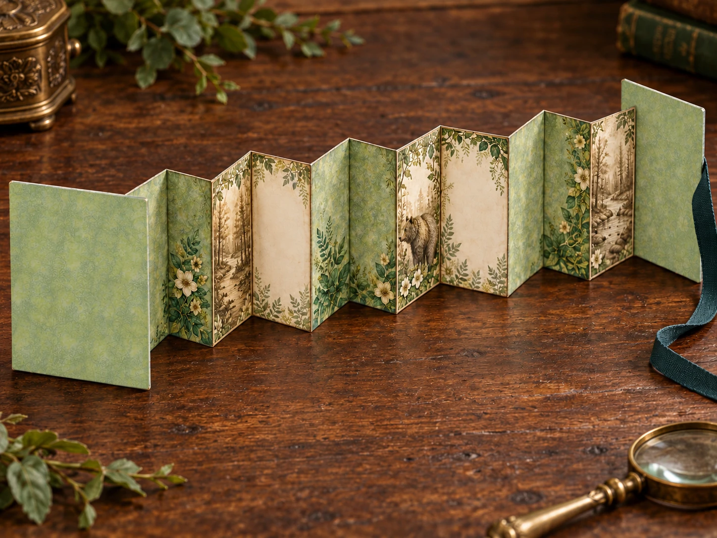 Sage-covered accordion journal unfolding into woodland panels on a warm wooden worktable.