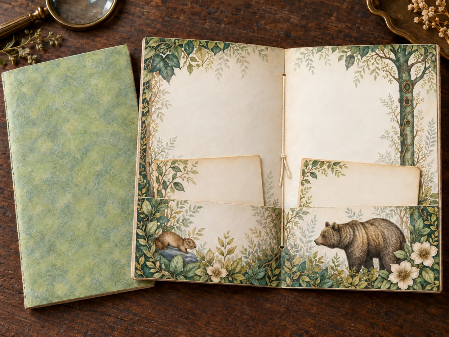 Open woodland journal with two folded bottom pockets, writing cards and a sewn center fold.