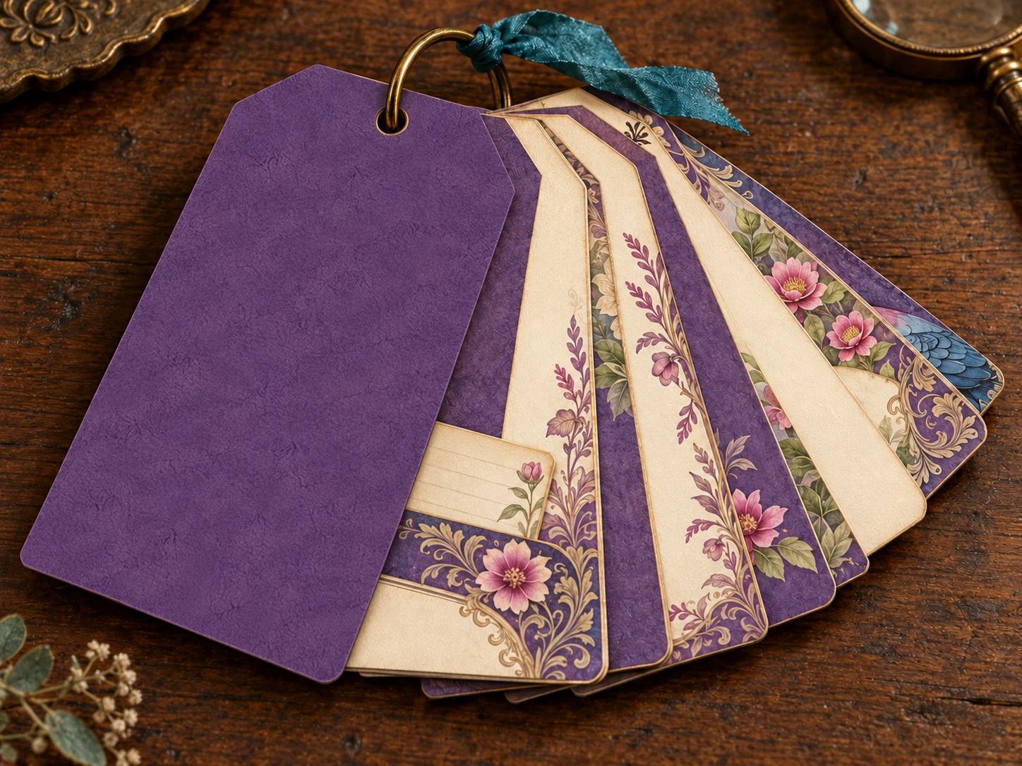 Purple-covered tag journal fanned around one brass ring, with floral interior tags.