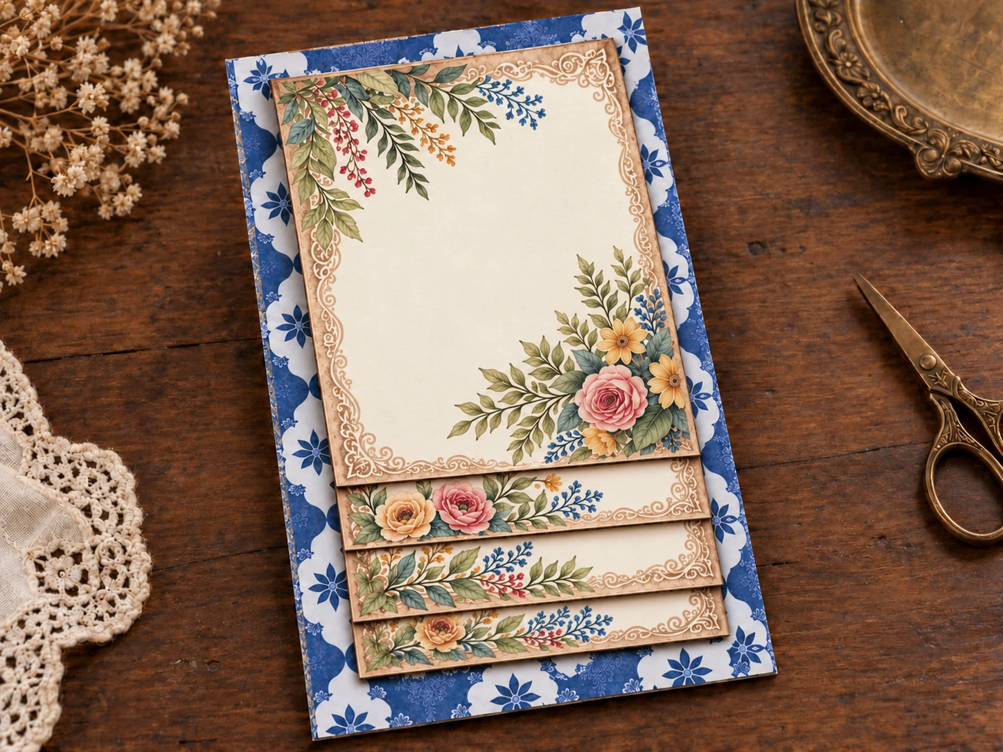 Four overlapping floral waterfall leaves mounted on a blue-and-white patterned base.
