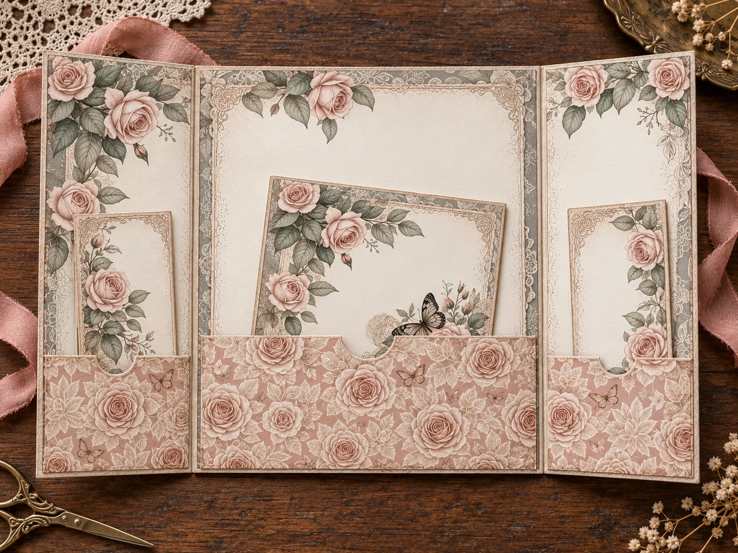 Open rose-patterned gatefold folio with one wide central pocket and two narrow side pockets.