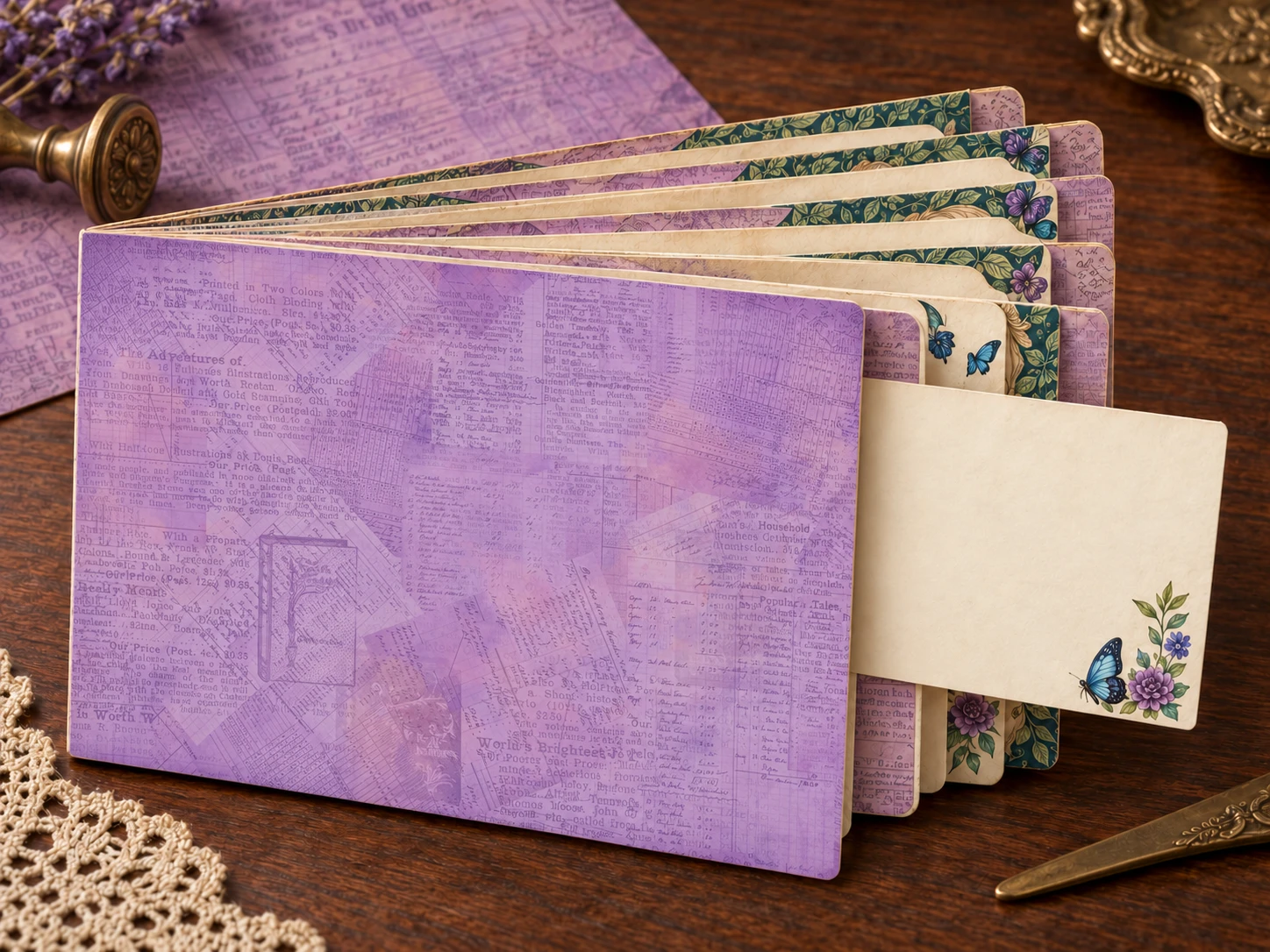Lavender designer-paper envelope journal with layered side-opening pockets and a writing card.