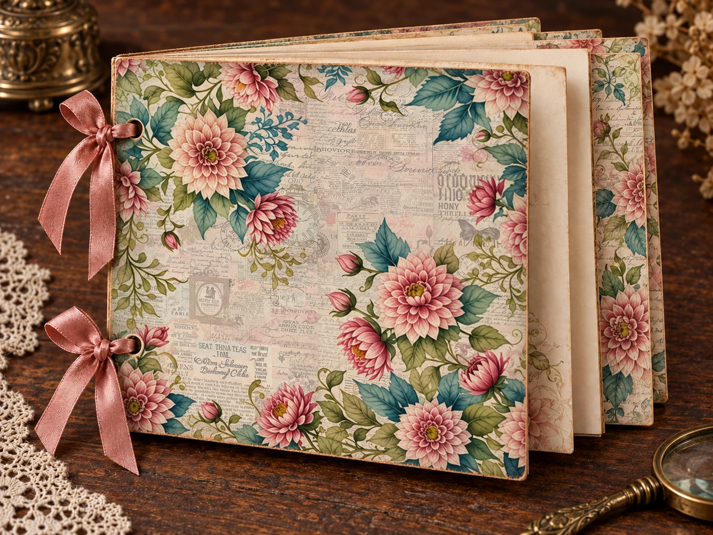 Square dahlia-covered journal bound with two separate dusty-rose ribbon bows.