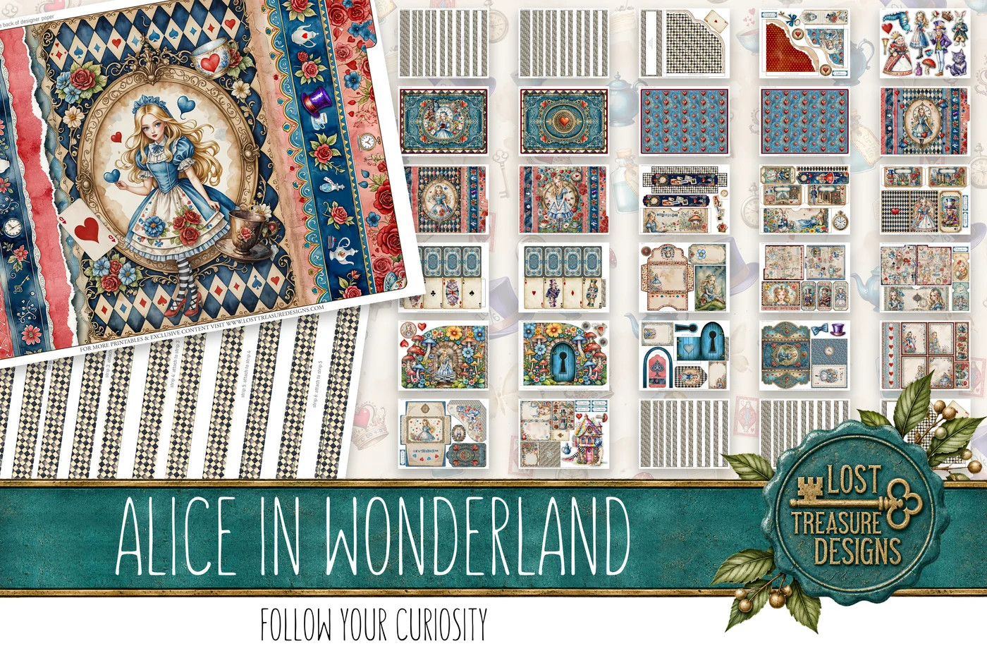Alice in Wonderland Junk Journal Kit: Folio, Papers, Embellishments (Digital Download) — Folio & Embellishments Preview