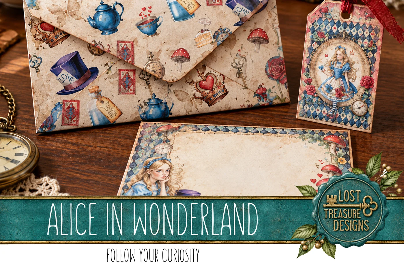 Alice in Wonderland Junk Journal Kit: Folio, Papers, Embellishments (Digital Download) — Finished Project Showcase