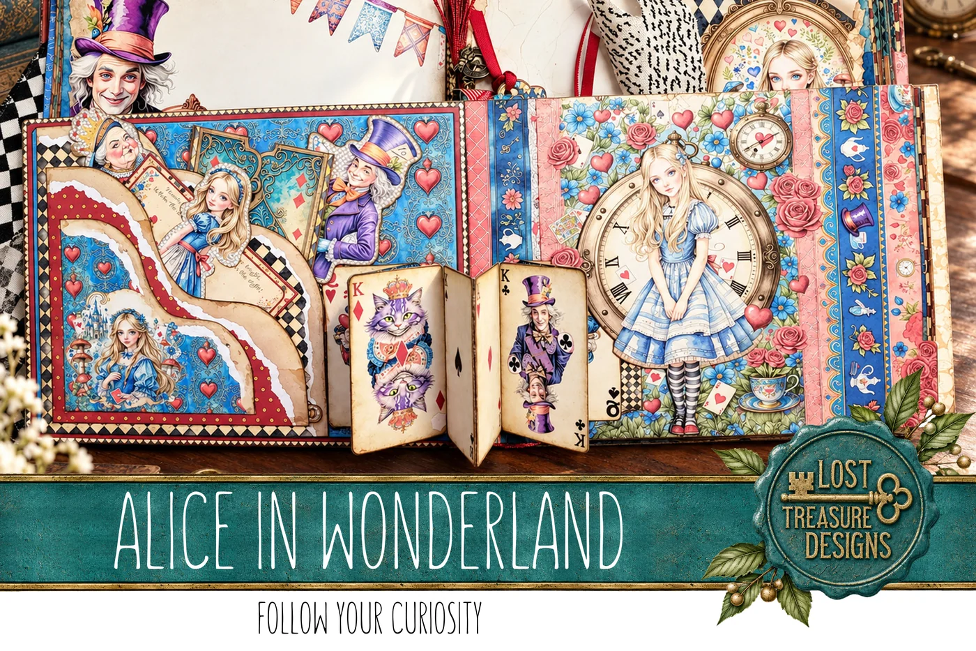 Alice in Wonderland Junk Journal Kit: Folio, Papers, Embellishments (Digital Download) — Finished Project Showcase