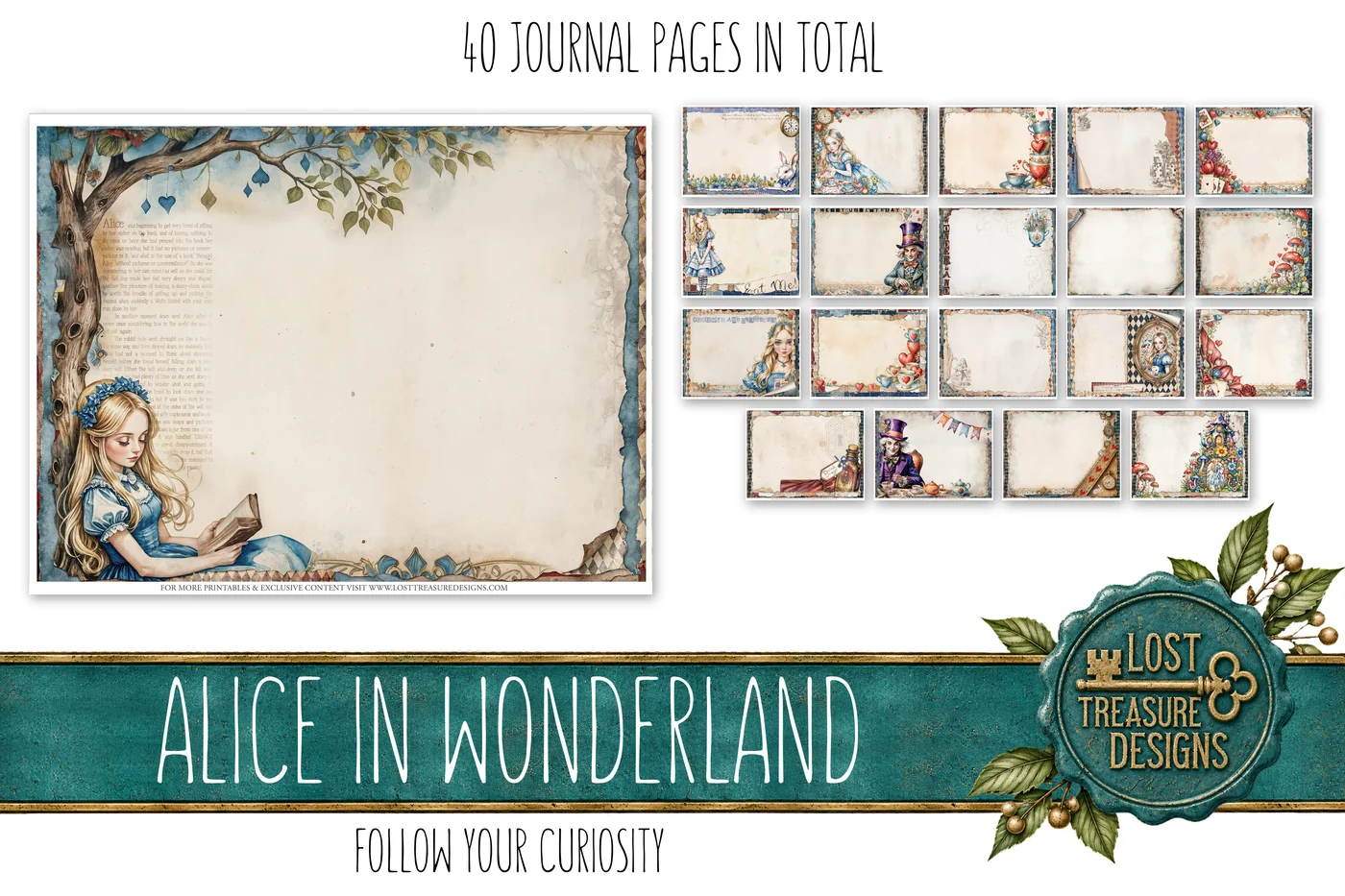 Alice in Wonderland Junk Journal Kit: Folio, Papers, Embellishments (Digital Download) — Journal Layout Preview 1