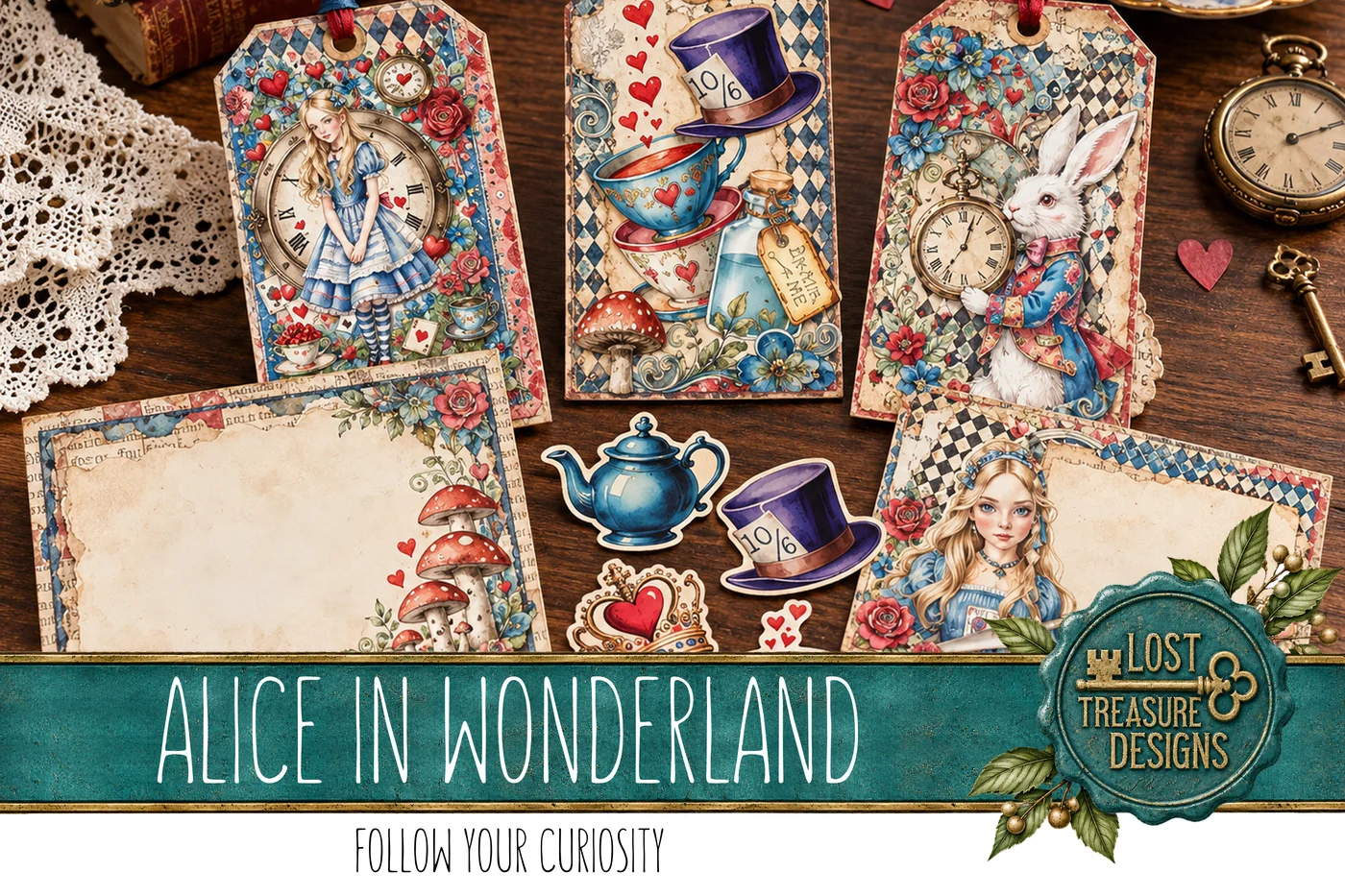 Alice in Wonderland Junk Journal Kit: Folio, Papers, Embellishments (Digital Download) — Finished Project Showcase