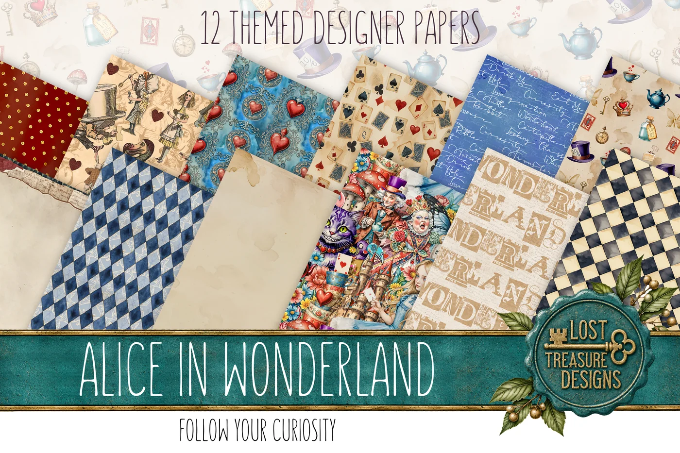 Alice in Wonderland Junk Journal Kit: Folio, Papers, Embellishments (Digital Download) — Designer Paper Preview