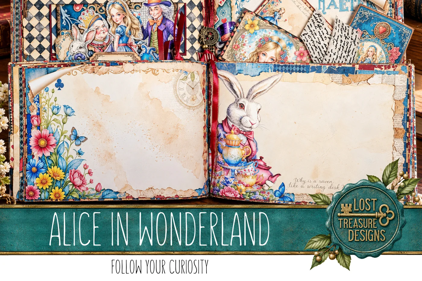 Alice in Wonderland Junk Journal Kit: Folio, Papers, Embellishments (Digital Download) — Finished Project Showcase