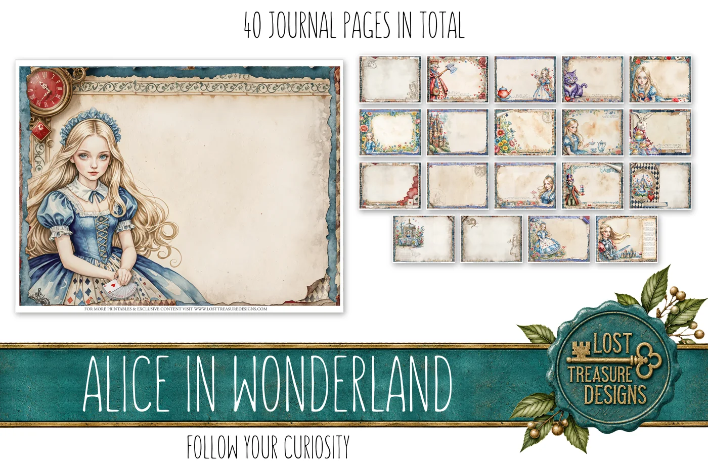 Alice in Wonderland Junk Journal Kit: Folio, Papers, Embellishments (Digital Download) — Journal Layout Preview 2