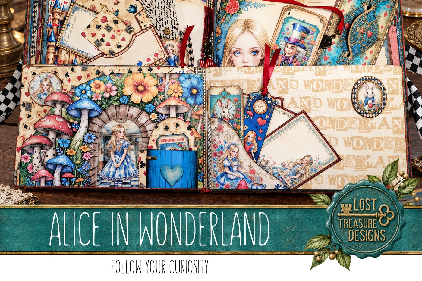 Alice in Wonderland Junk Journal Kit: Folio, Papers, Embellishments (Digital Download) — Finished Project Showcase