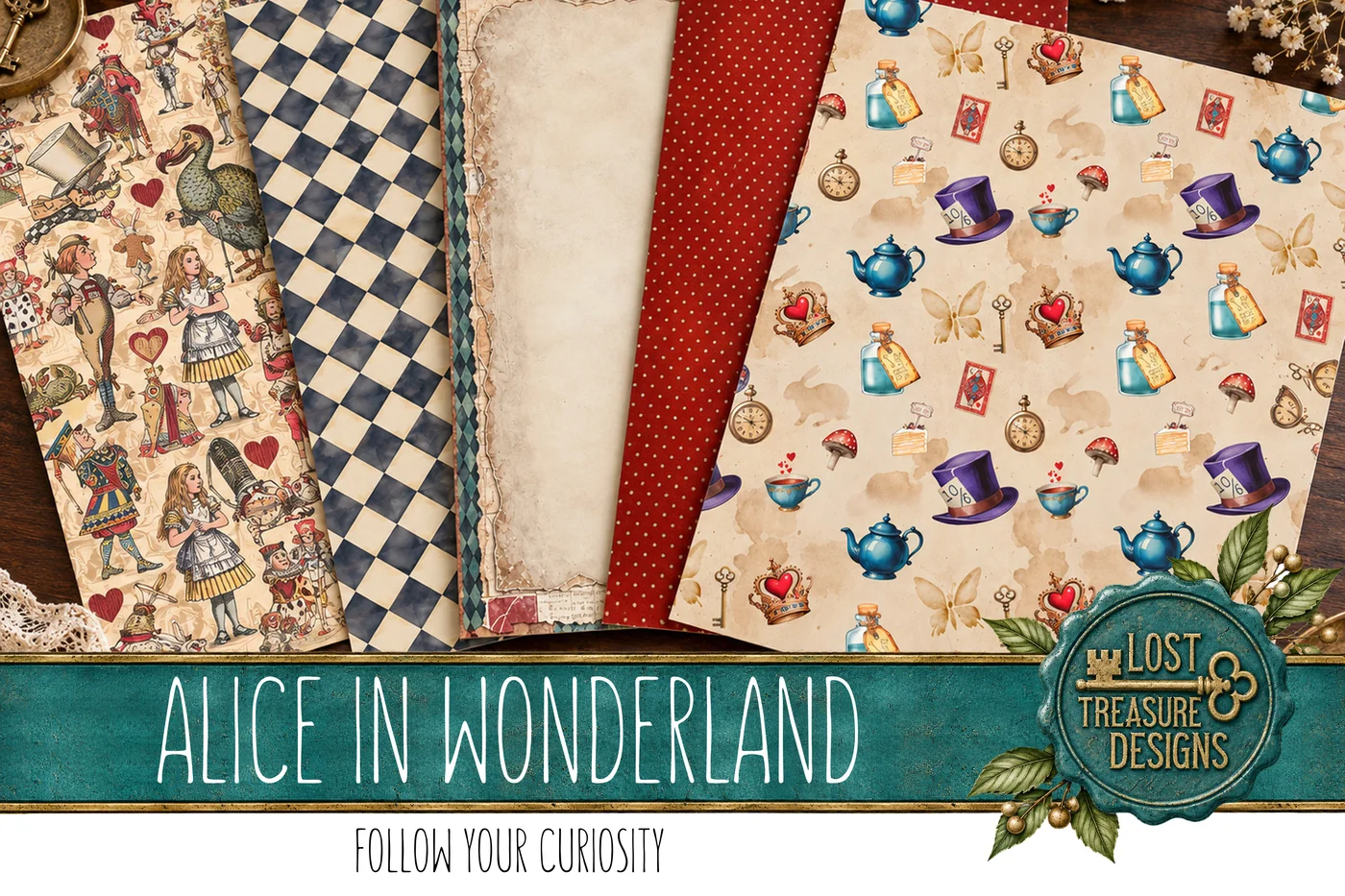 Alice in Wonderland Junk Journal Kit: Folio, Papers, Embellishments (Digital Download) — Finished Project Showcase