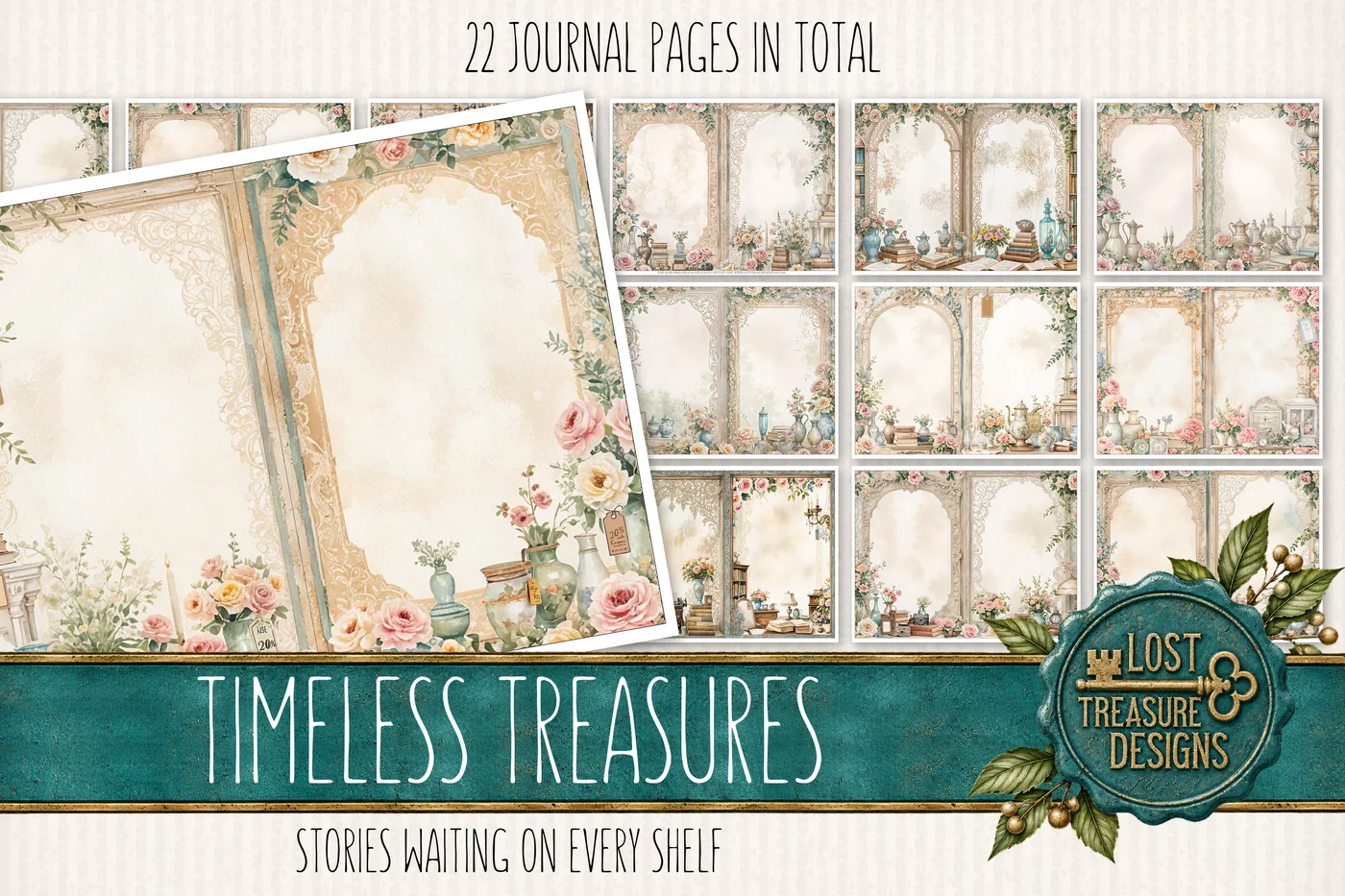 Antique Shop Junk Journal Kit: Vintage Ephemera, Scrapbook Pages (Digital Download) — Journal Layout Preview 1