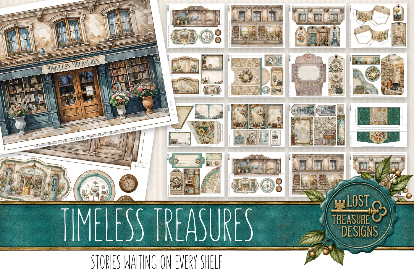 Antique Shop Junk Journal Kit: Vintage Ephemera, Scrapbook Pages (Digital Download) — Folio & Embellishments Preview