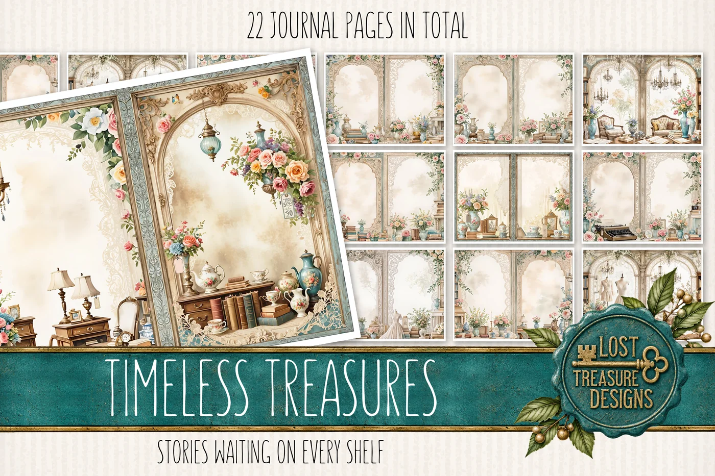 Antique Shop Junk Journal Kit: Vintage Ephemera, Scrapbook Pages (Digital Download) — Journal Layout Preview 2