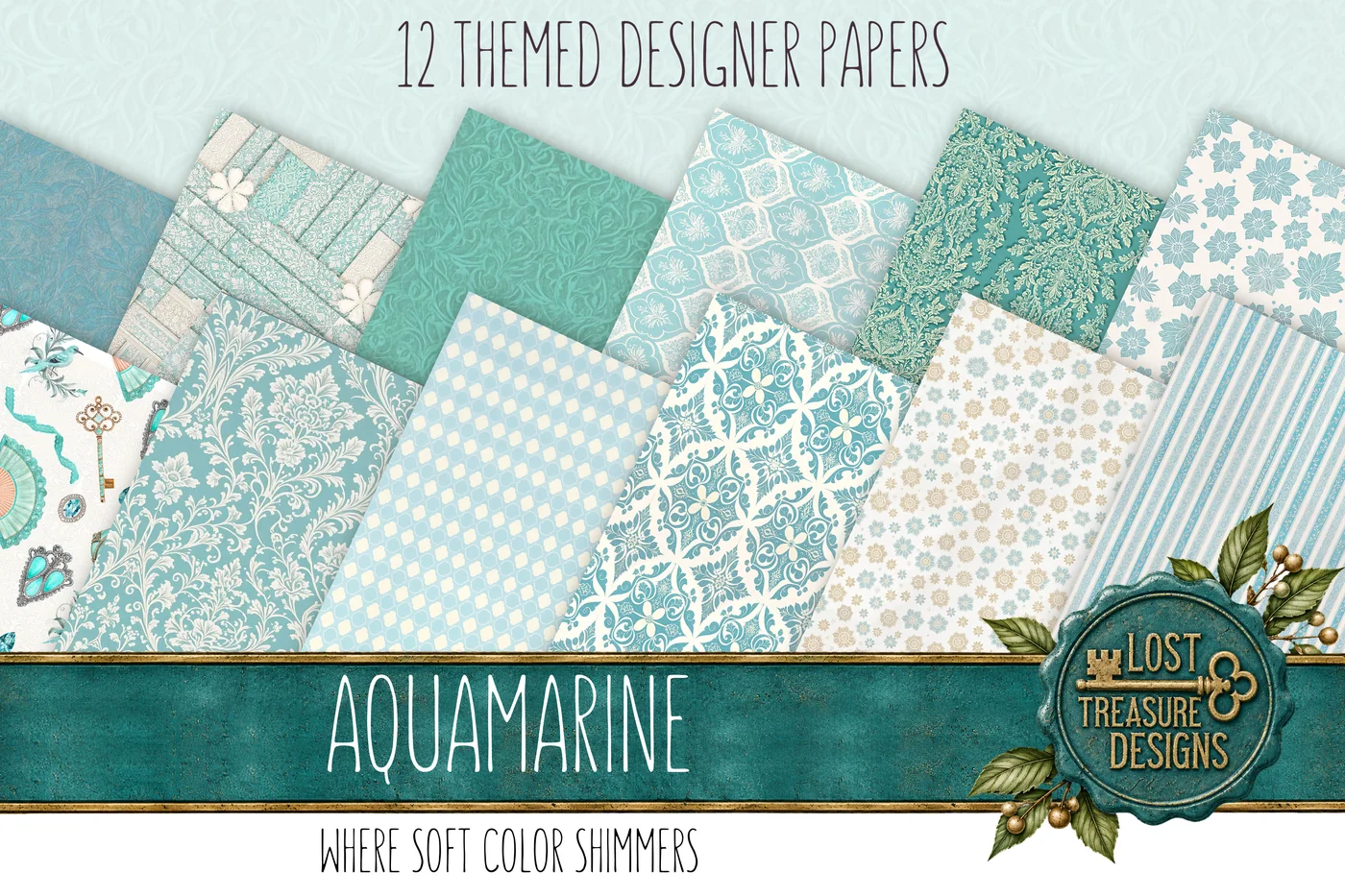 Aquamarine Elegance Junk Journal Kit: Cyan Turquoise, Scrapbook Papers (Digital Download) — Designer Paper Preview