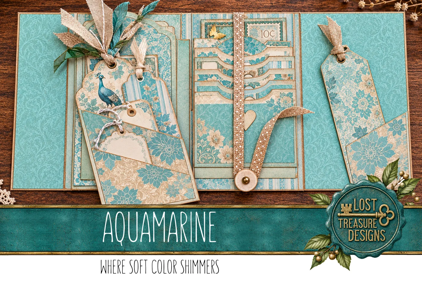 Aquamarine Elegance Junk Journal Kit: Cyan Turquoise, Scrapbook Papers (Digital Download) — Finished Project Showcase