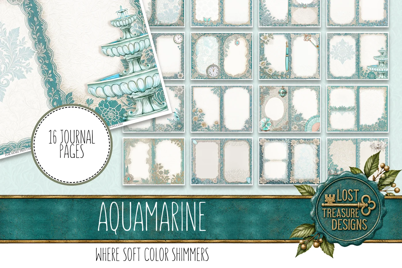 Aquamarine Elegance Junk Journal Kit: Cyan Turquoise, Scrapbook Papers (Digital Download) — Journal Layout Preview