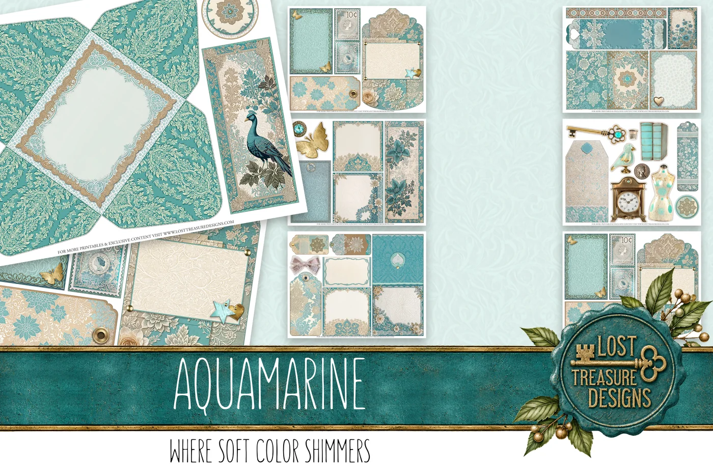 Aquamarine Elegance Junk Journal Kit: Cyan Turquoise, Scrapbook Papers (Digital Download) — Folio & Embellishments Preview