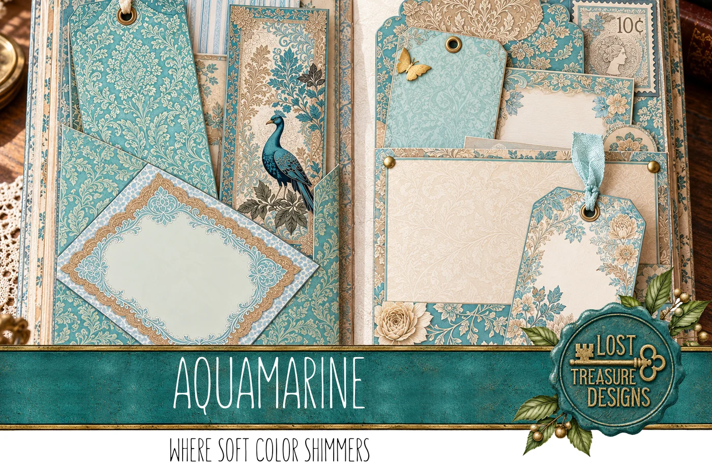 Aquamarine Elegance Junk Journal Kit: Cyan Turquoise, Scrapbook Papers (Digital Download) — Finished Project Showcase