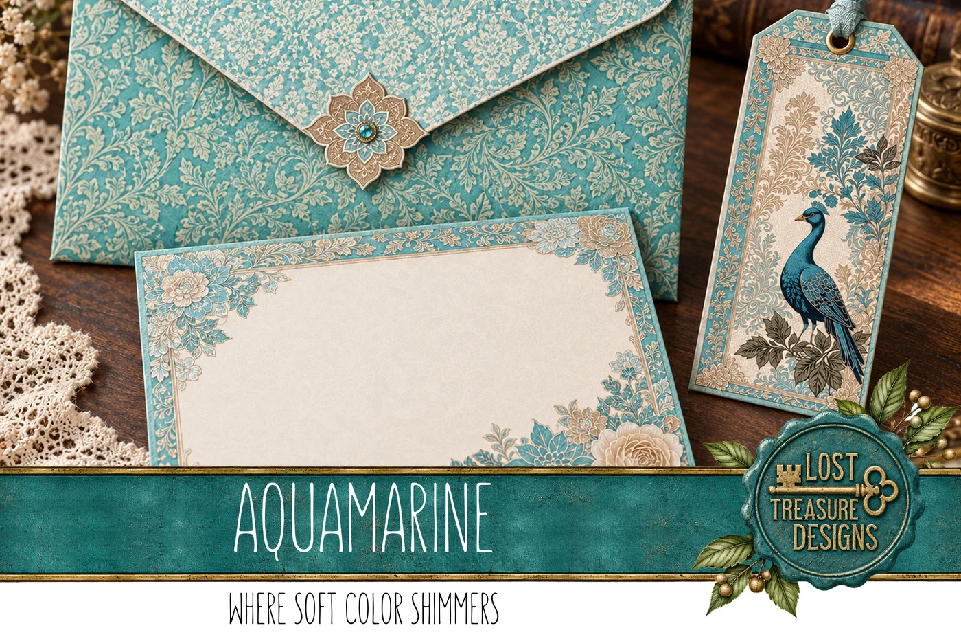 Aquamarine Elegance Junk Journal Kit: Cyan Turquoise, Scrapbook Papers (Digital Download) — Finished Project Showcase