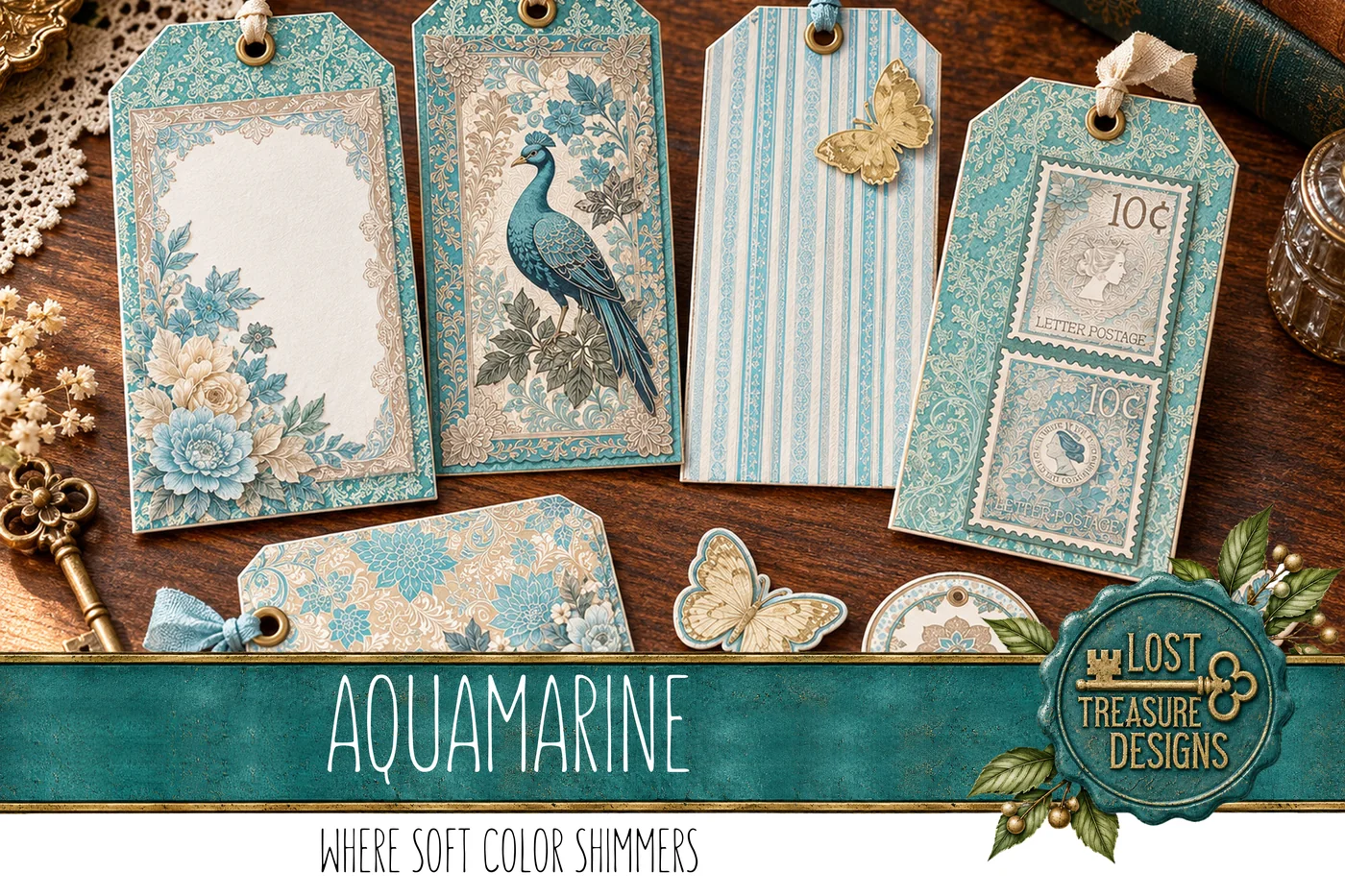 Aquamarine Elegance Junk Journal Kit: Cyan Turquoise, Scrapbook Papers (Digital Download) — Finished Project Showcase