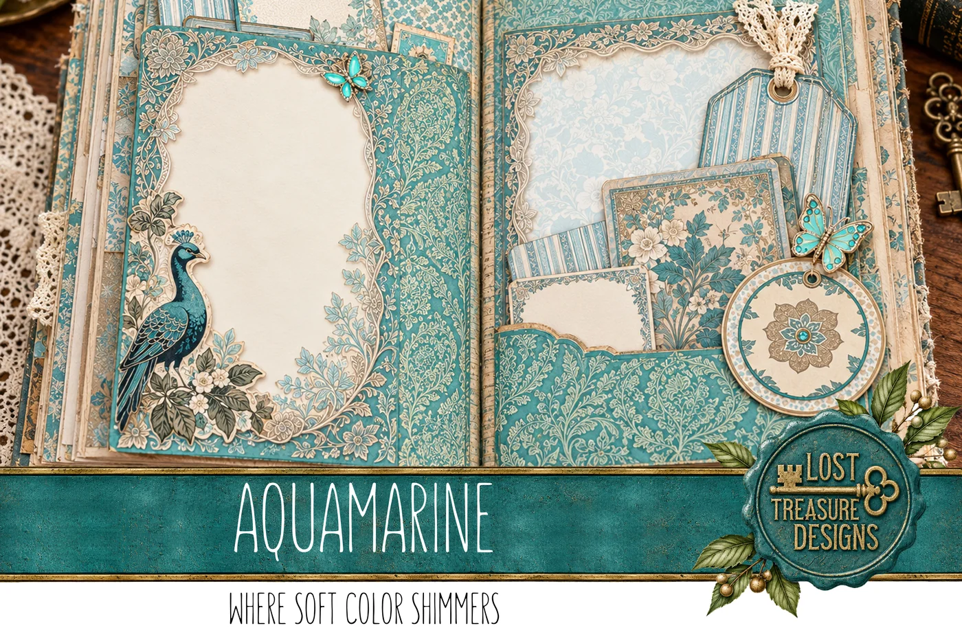 Aquamarine Elegance Junk Journal Kit: Cyan Turquoise, Scrapbook Papers (Digital Download) — Finished Project Showcase