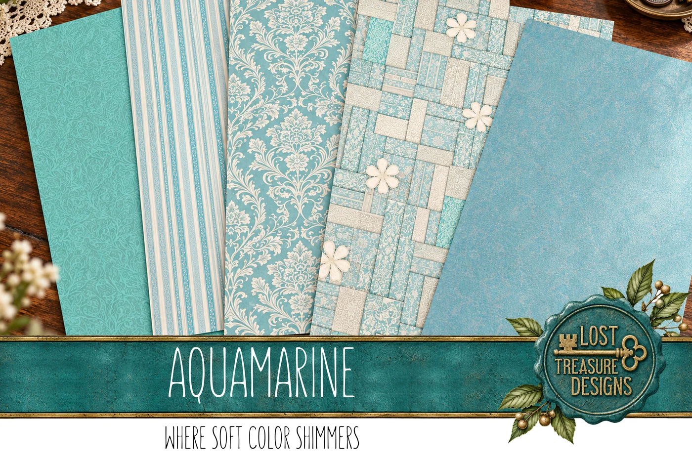 Aquamarine Elegance Junk Journal Kit: Cyan Turquoise, Scrapbook Papers (Digital Download) — Finished Project Showcase