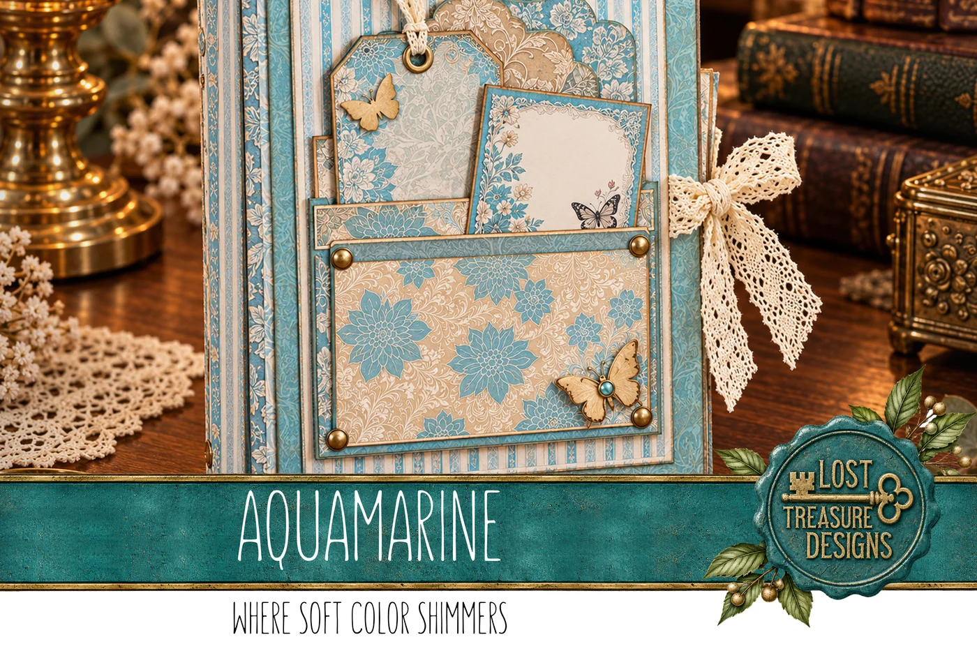 Aquamarine Elegance Junk Journal Kit: Cyan Turquoise, Scrapbook Papers (Digital Download) — Collection Cover