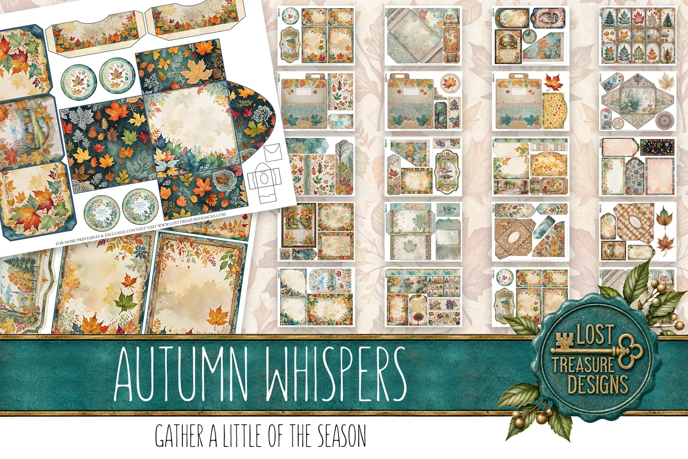 Autumn Foliage Junk Journal Kit: Watercolor Leaves, Embellishments (Digital Download) — Folio & Embellishments Preview